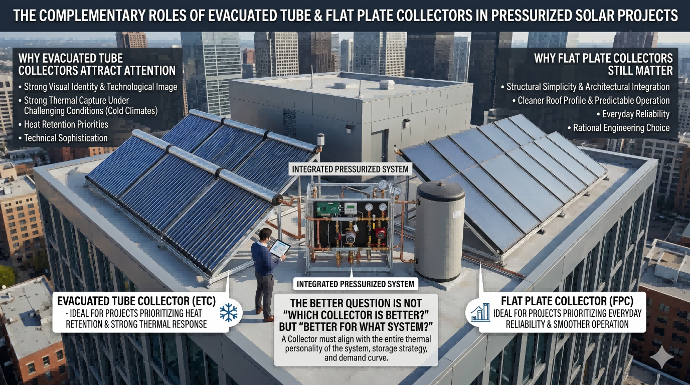 Evacuated tube and flat plate collectors in a pressurized solar water heating project comparison